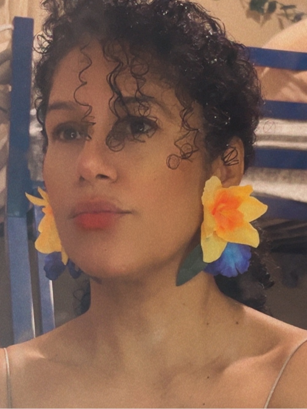 Handmade Yellow & Blue Silk Flower Earrings